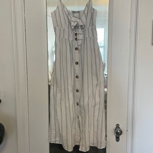 Bershka Striped Midi Linen Dress with Tie-Up Bust